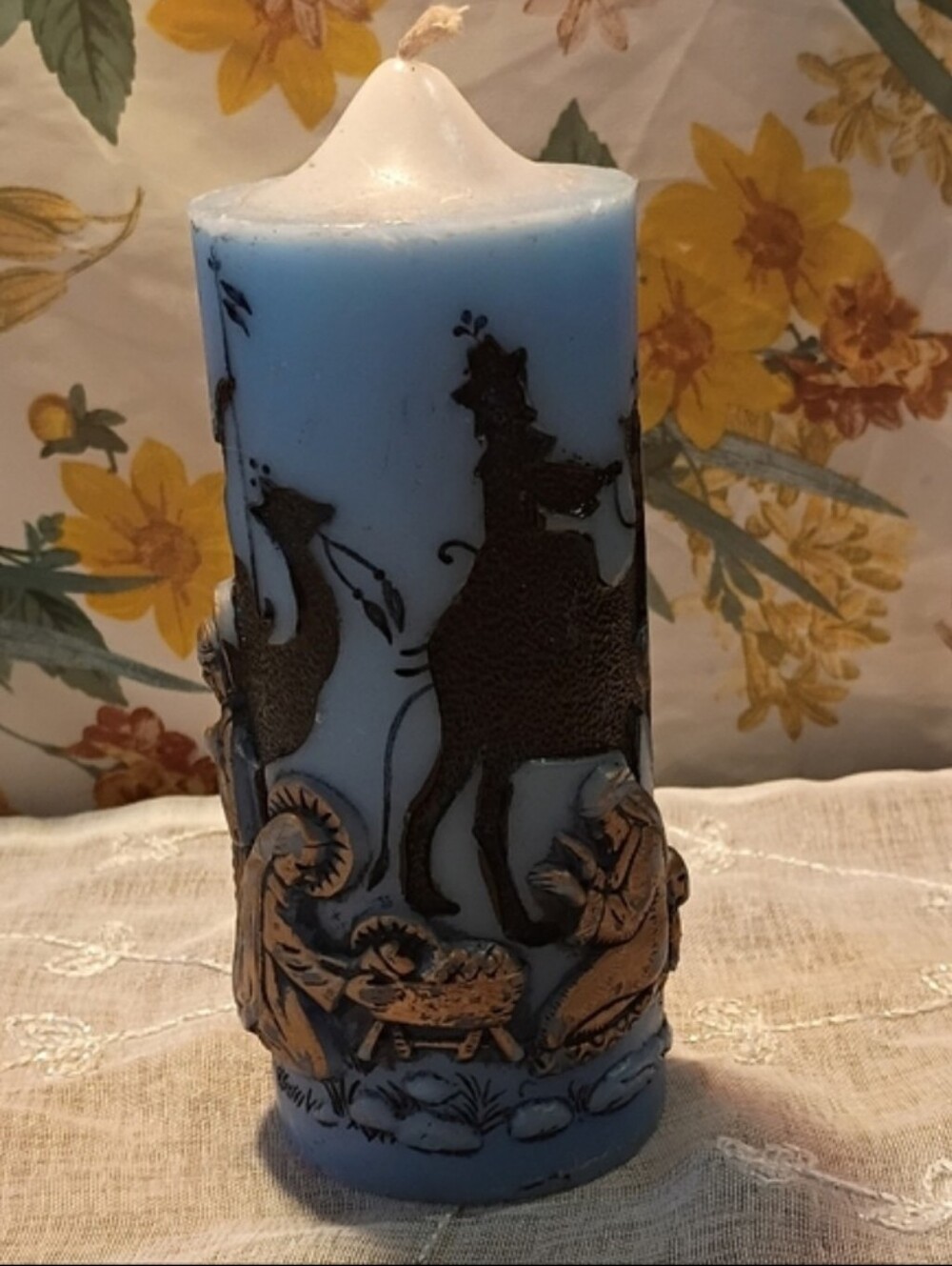 Vintage Jasco Holiday Elegance Handcrafted Blue Nativity Pillar Candle 6"